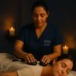 ماساژ سنگ داغ در اتاق اسپا با نور شمع ملایم و لباس برند Nira Club
