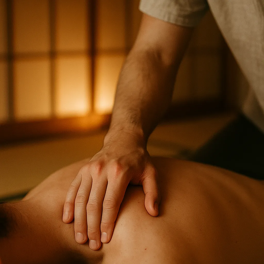 نمای نزدیک از دست ماسور در حال فشار بر پشت مشتری در ماساژ شیاتسو