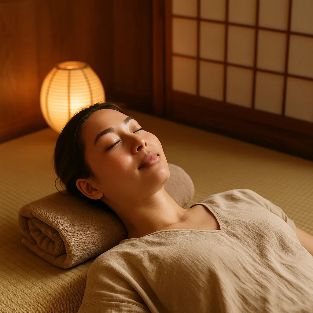 فردی در حال استراحت و آرامش پس از ماساژ شیاتسو در اتاق ژاپنی