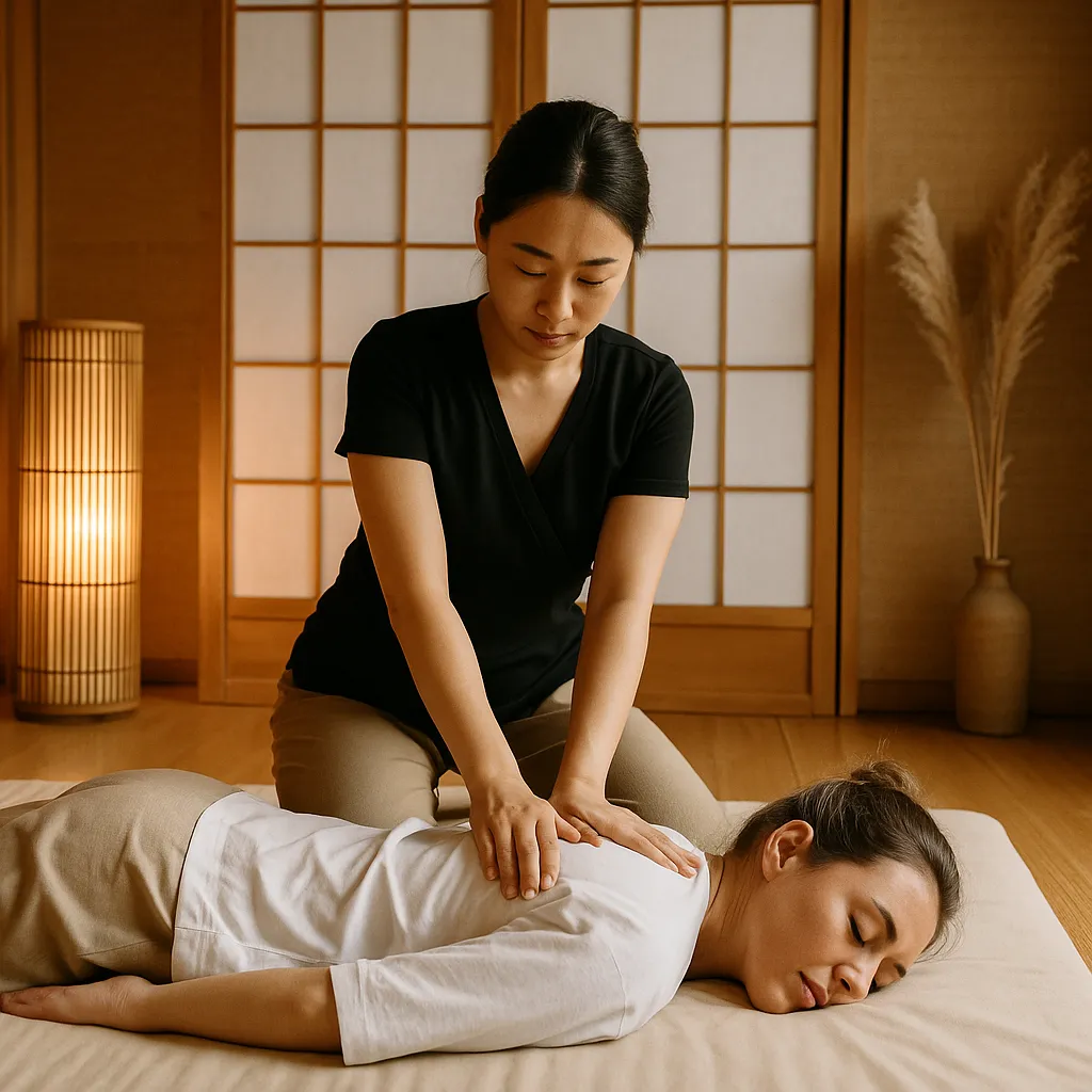 ماساژور در حال انجام ماساژ شیاتسو روی شانههای مشتری در اتاق ژاپنی