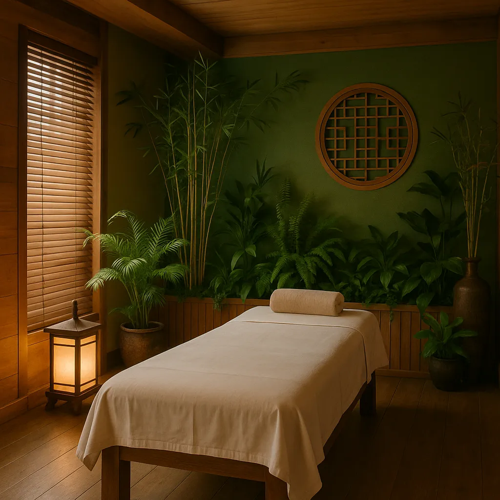 اتاق ماساژ توینا با دکور شرقی و گیاهان سبز