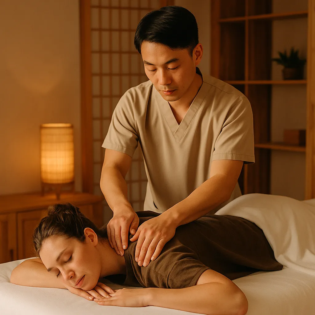 ماساژ توینا در اتاقی با دکور شرقی و نور ملایم