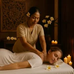 ماساژ بالی در فضای آرام با شمع و گل‌های پلومریا