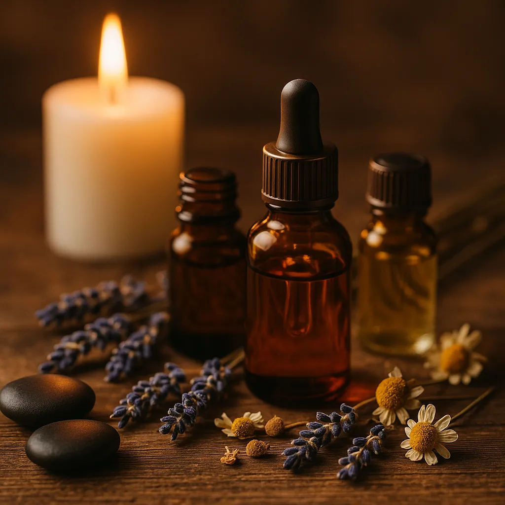 بطری‌های روغن معطر طبیعی با شمع روشن و گل خشک