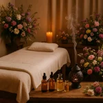 اتاق ماساژ با گل‌های طبیعی، ظرف دود و روغن‌های معطر