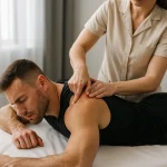 ورزشکار در حال دریافت ماساژ نقاط ماشه‌ای برای رفع درد عضلات شانه