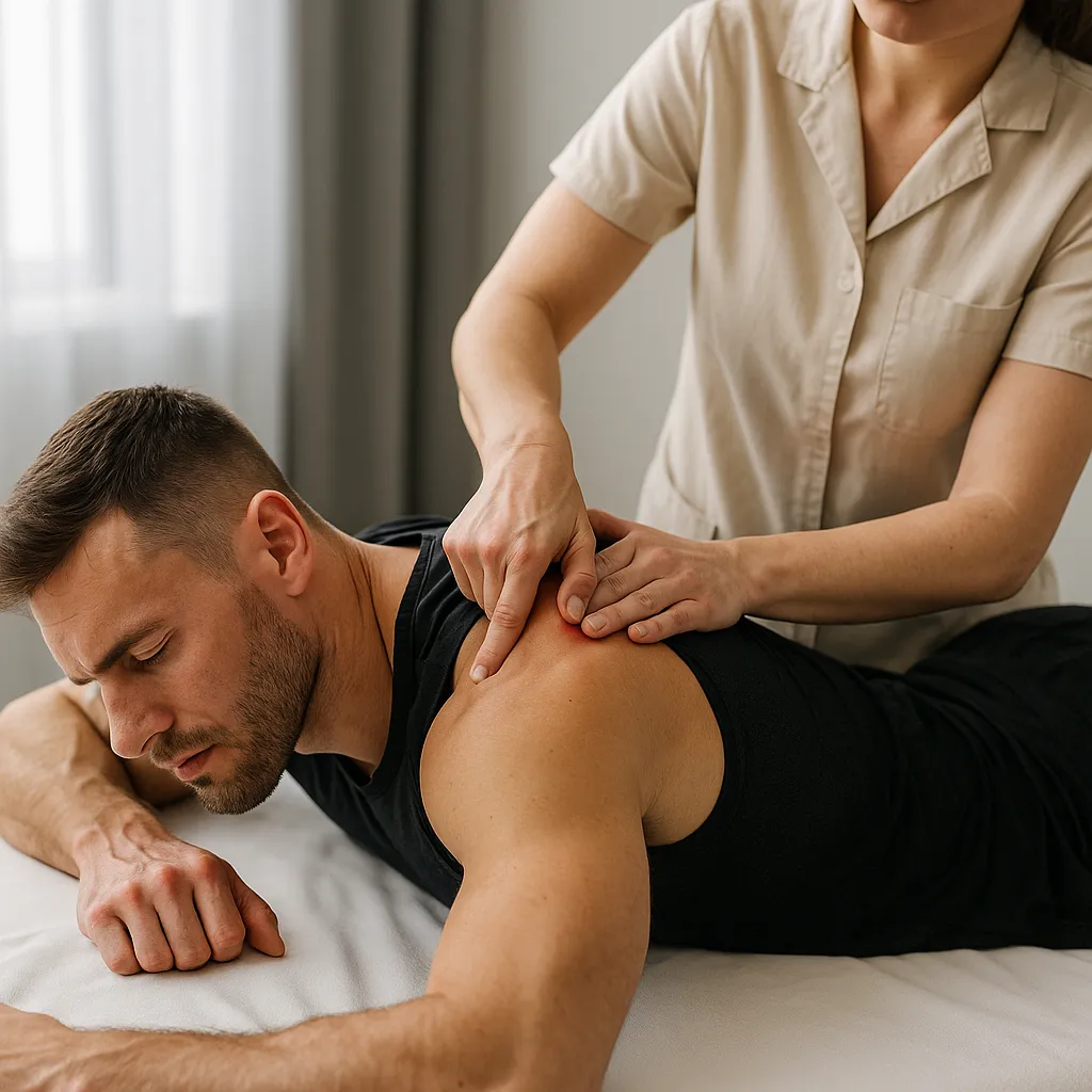 ورزشکار در حال دریافت ماساژ نقاط ماشه‌ای برای رفع درد عضلات شانه