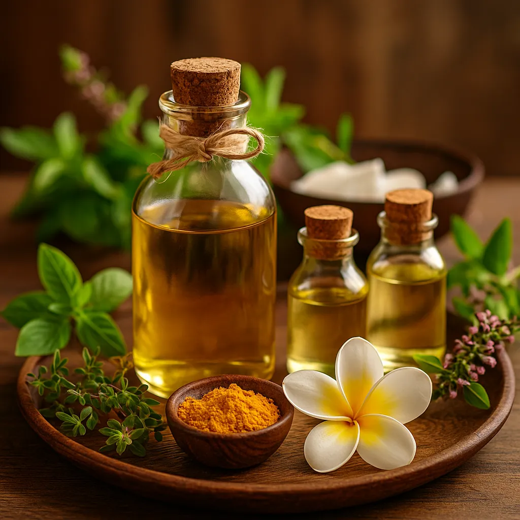 بطری‌های روغن کنجد، نارگیل و بادام در کنار زردچوبه و برگ ریحان