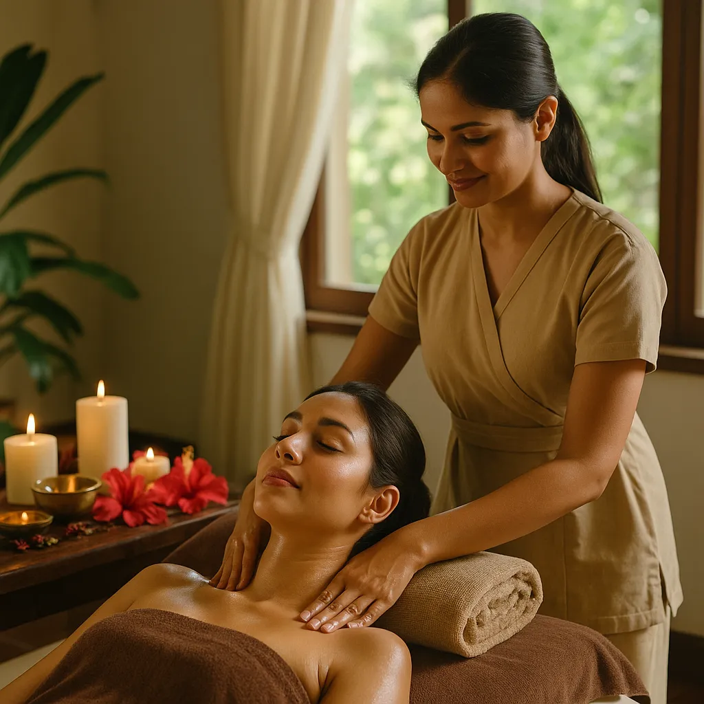 ماساژ آیورودا توسط ماسور زن برای آرامش بدن و ذهن در فضای طبیعی