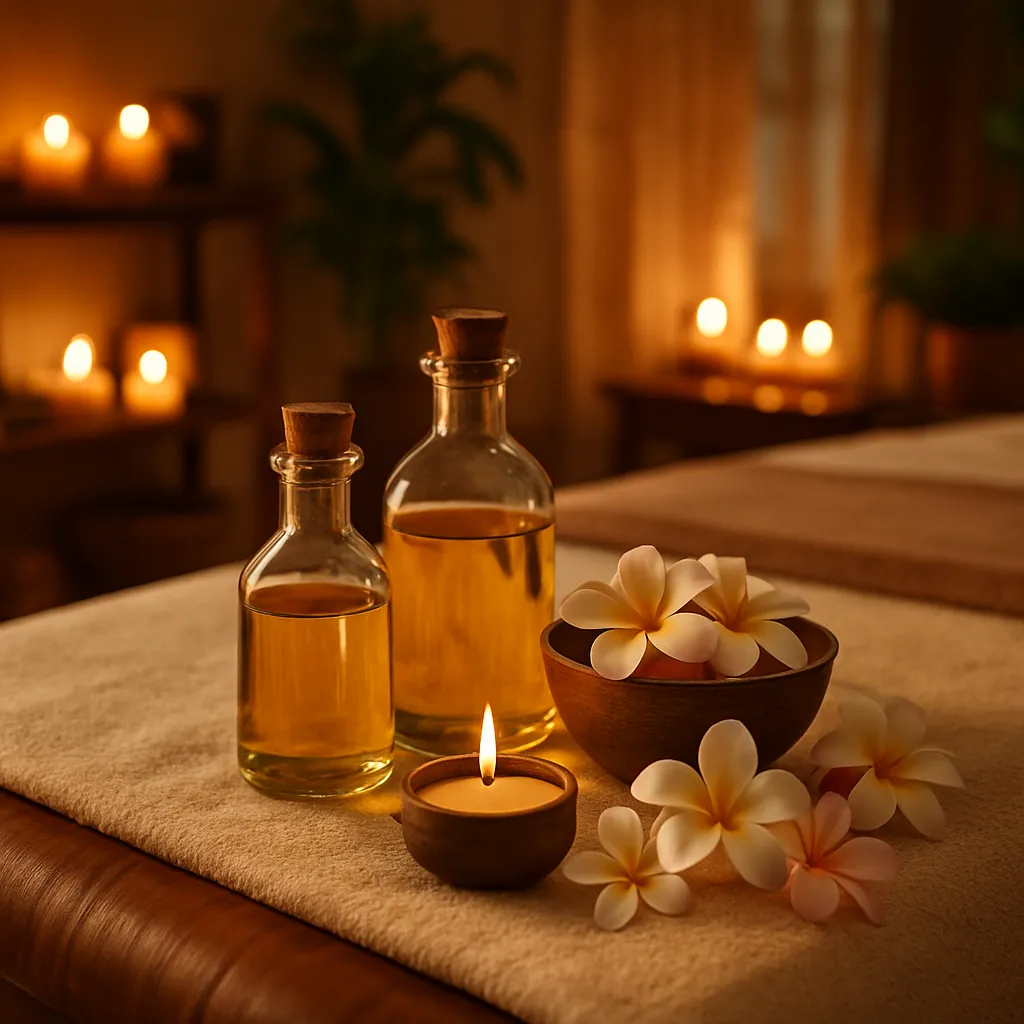 بطری‌های روغن آیورودا و گل‌های طبیعی روی میز ماساژ در فضایی آرام