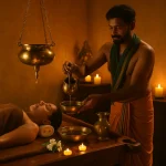 ماسور هندی در حال آماده‌سازی روغن گرم برای ماساژ آیورودا در فضای سنتی