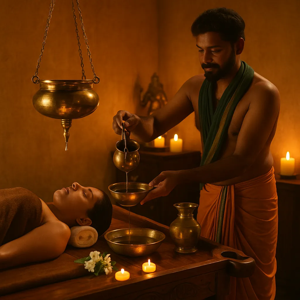 ماسور هندی در حال آماده‌سازی روغن گرم برای ماساژ آیورودا در فضای سنتی