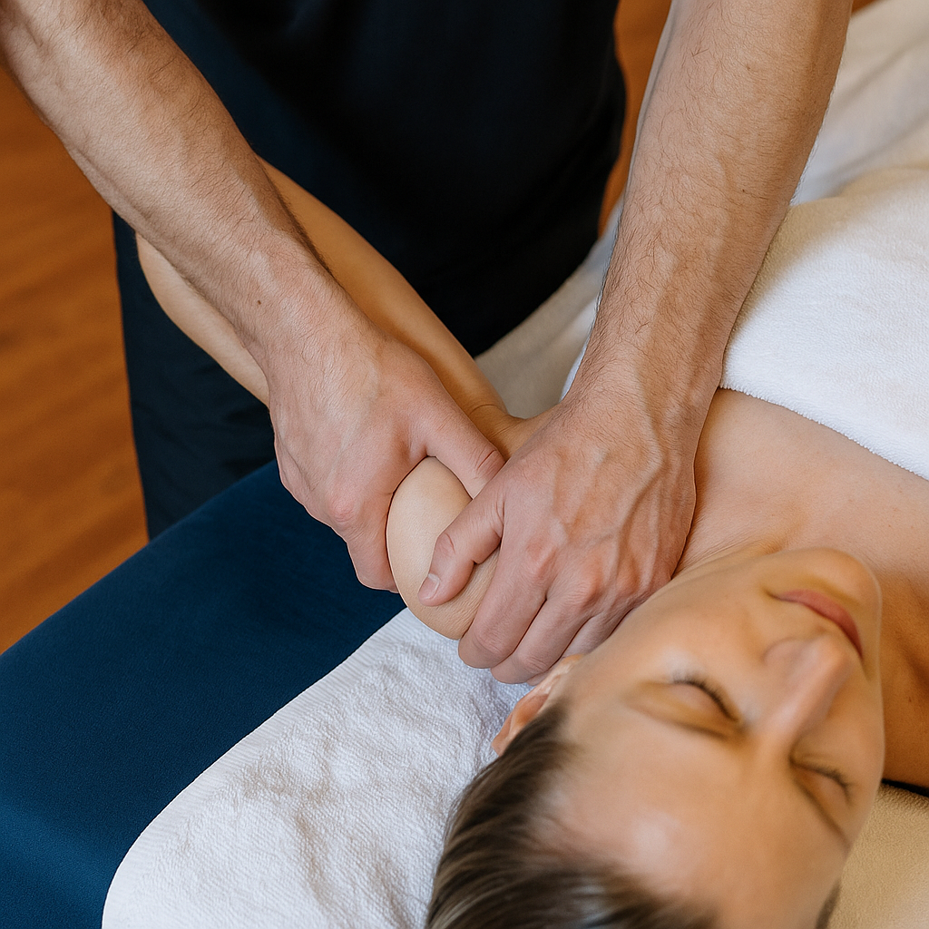 ماساژ عمیق عضلات بازو با تکنیک فشار عمیق توسط تراپیست حرفه‌ای