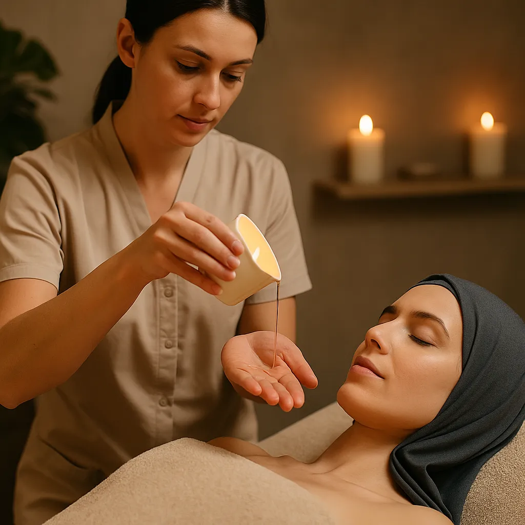 ماساژور خانم در حال ریختن شمع داغ روی کف دست برای ماساژ صورت مشتری خانم