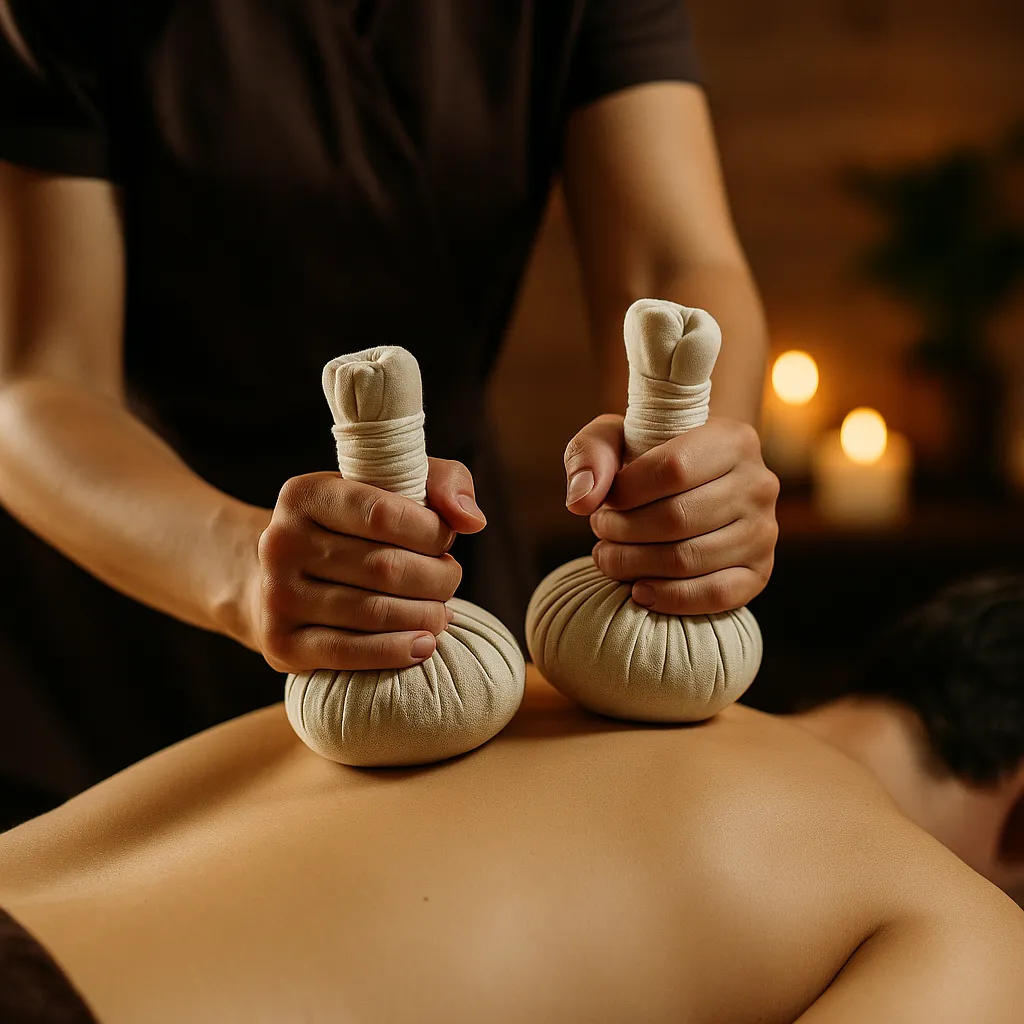 کلوزآپ از اجرای ماساژ هربال با کیسه‌های گیاهی گرم