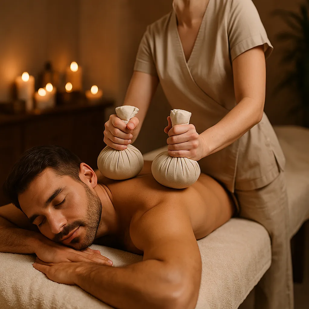 ماساژ هربال مردانه با کیسه گیاهان معطر