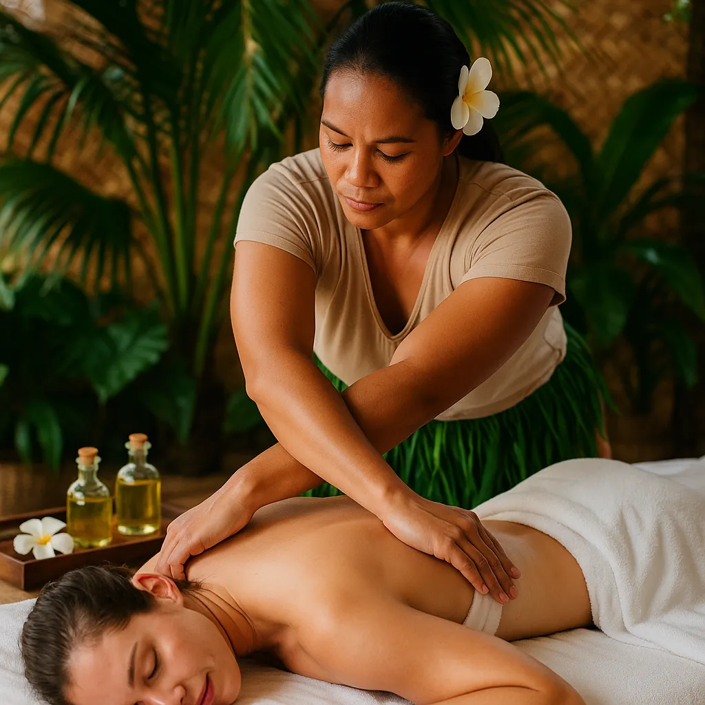 ماساژ لومی لومی در سبک هاوایی با استفاده از ساعد در محیطی گرمسیری و آرامش‌بخش