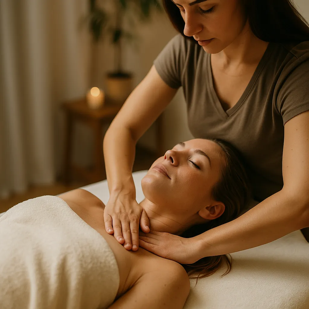 عکس ماساژ لنفاوی حرفه‌ای روی ناحیه شانه و گردن در محیط آرامش‌بخش