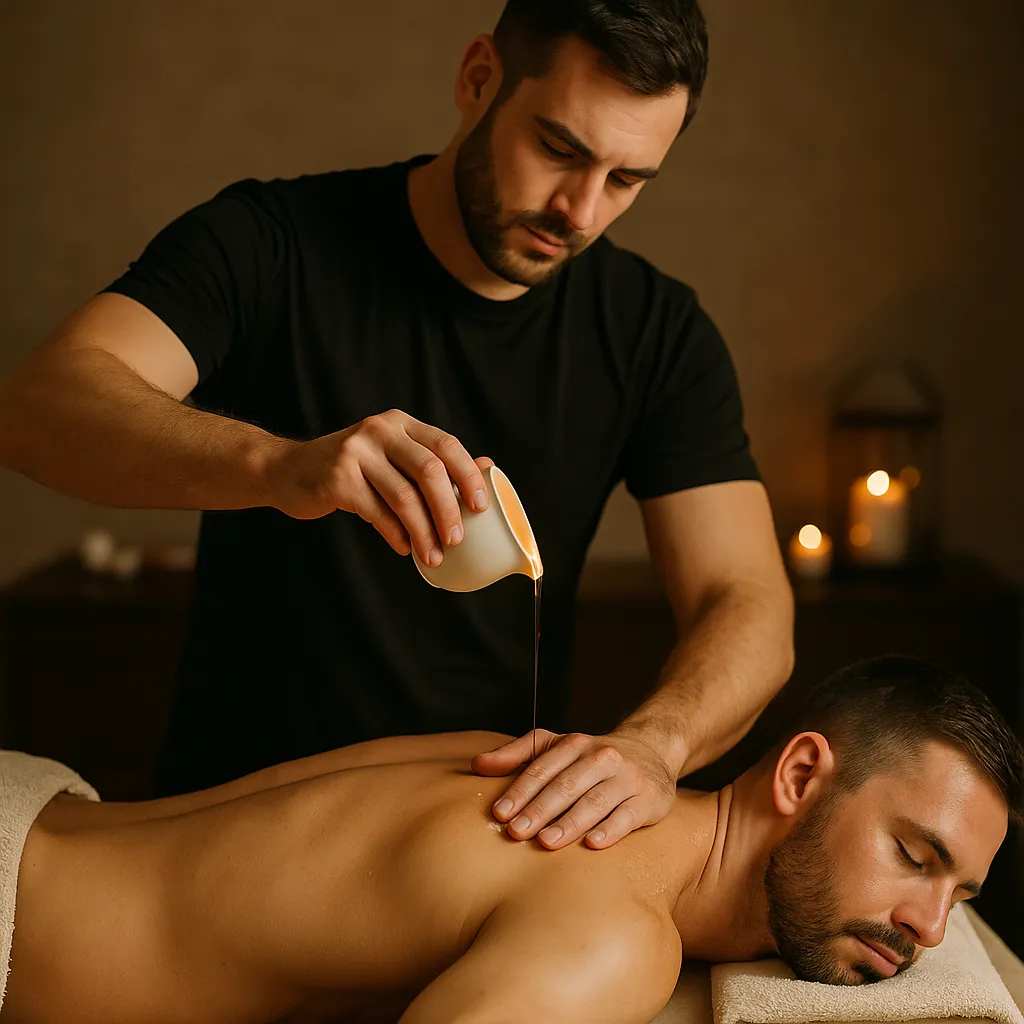 ماساژور آقا در حال ریختن شمع داغ روی پشت مشتری آقا