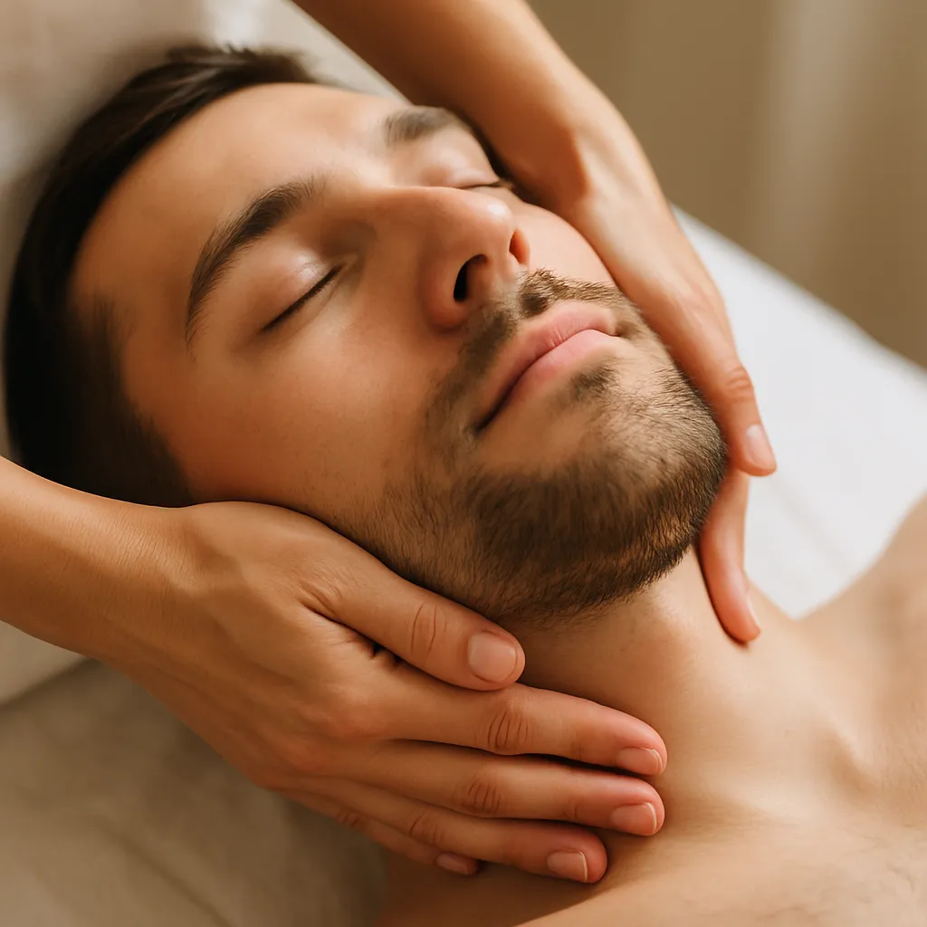 کلوزآپ ماساژ لنفاوی صورت و گردن روی آقای جوان