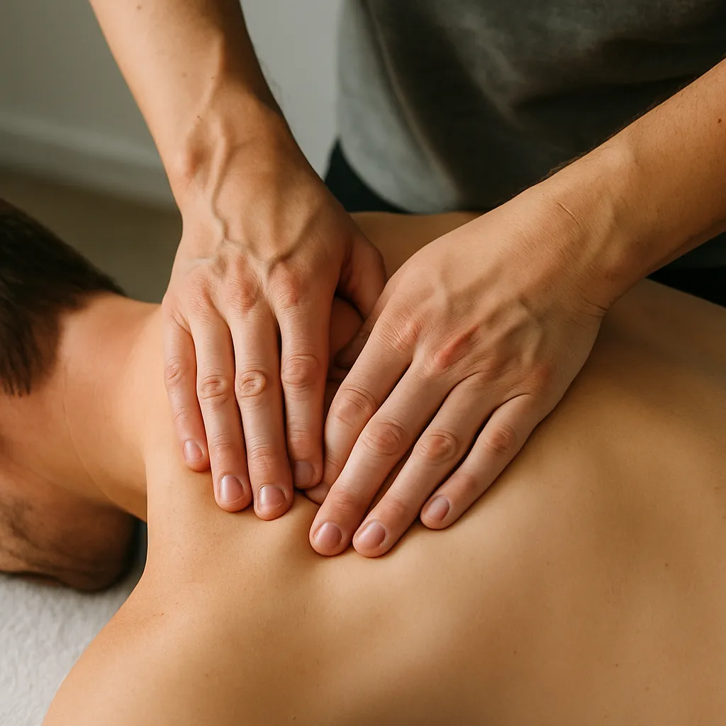 ماساژ مایوفاشیال با تمرکز بر فشار عمیق روی عضلات شانه و تراپز