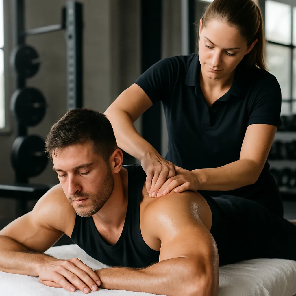 عکس ورزشکار در حال دریافت ماساژ بعد از تمرین برای ریکاوری عضلات