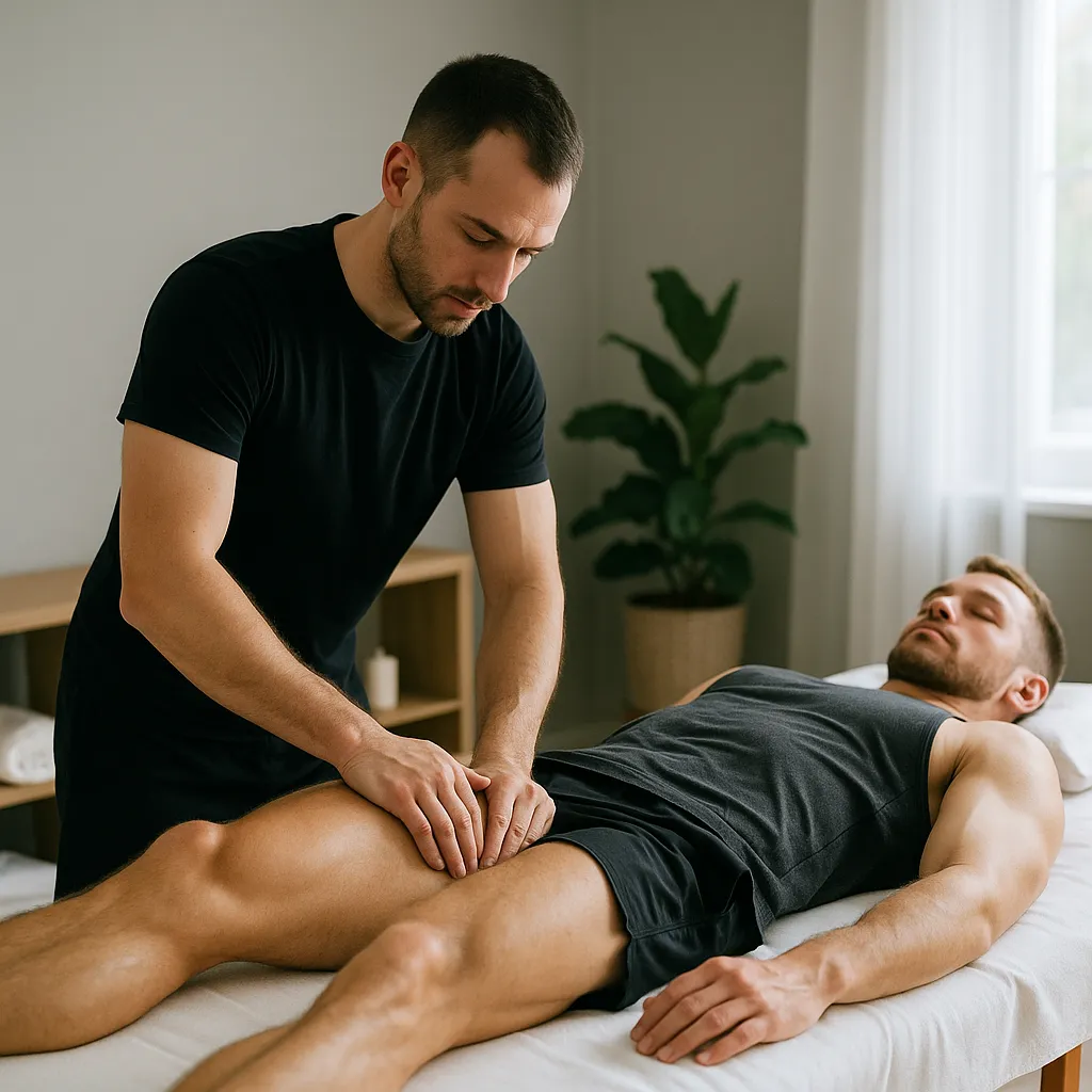 ماساژ پا پیش از تمرین در اتاق ماساژ برای گرم‌سازی عضلات