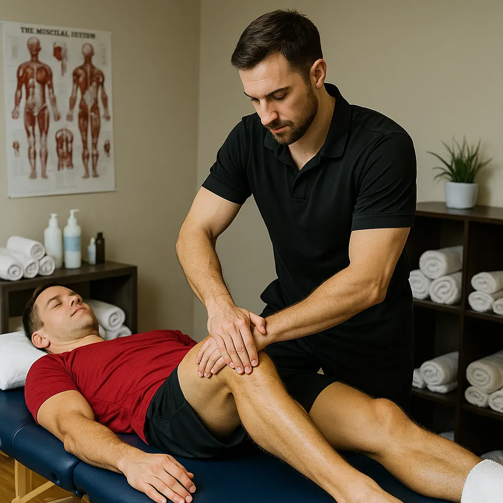 ماساژ ورزشی حرفه‌ای روی عضلات پای ورزشکار در اتاق ماساژ تخصصی