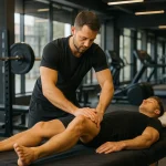 ماساژ ورزشی حرفه‌ای روی عضلات پای ورزشکار در اتاق ماساژ تخصصی