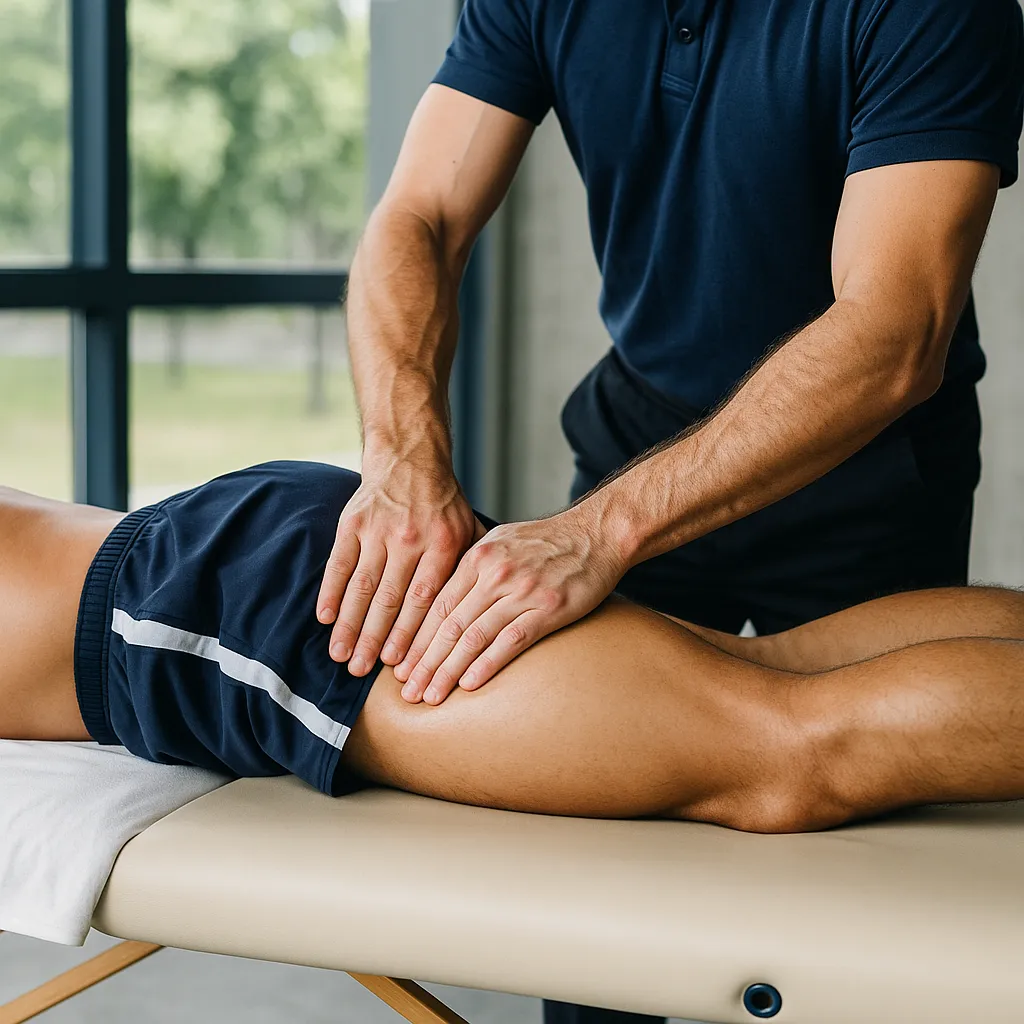ماساژ ورزشی حرفه‌ای روی عضلات پای ورزشکار برای ریکاوری سریع