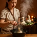 بخار دادن کیسه‌های گیاهی برای ماساژ هربال