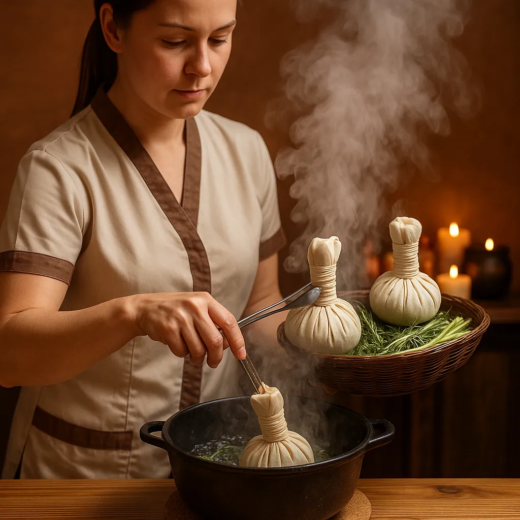 بخار دادن کیسه‌های گیاهی برای ماساژ هربال