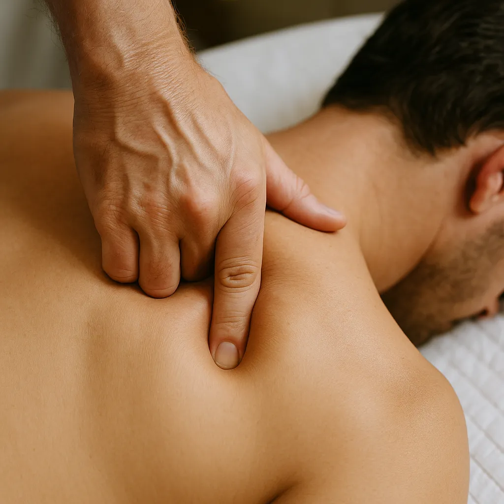نمای نزدیک از فشار انگشتی روی گره عضلانی پشت برای رهاسازی نقاط ماشه‌ای