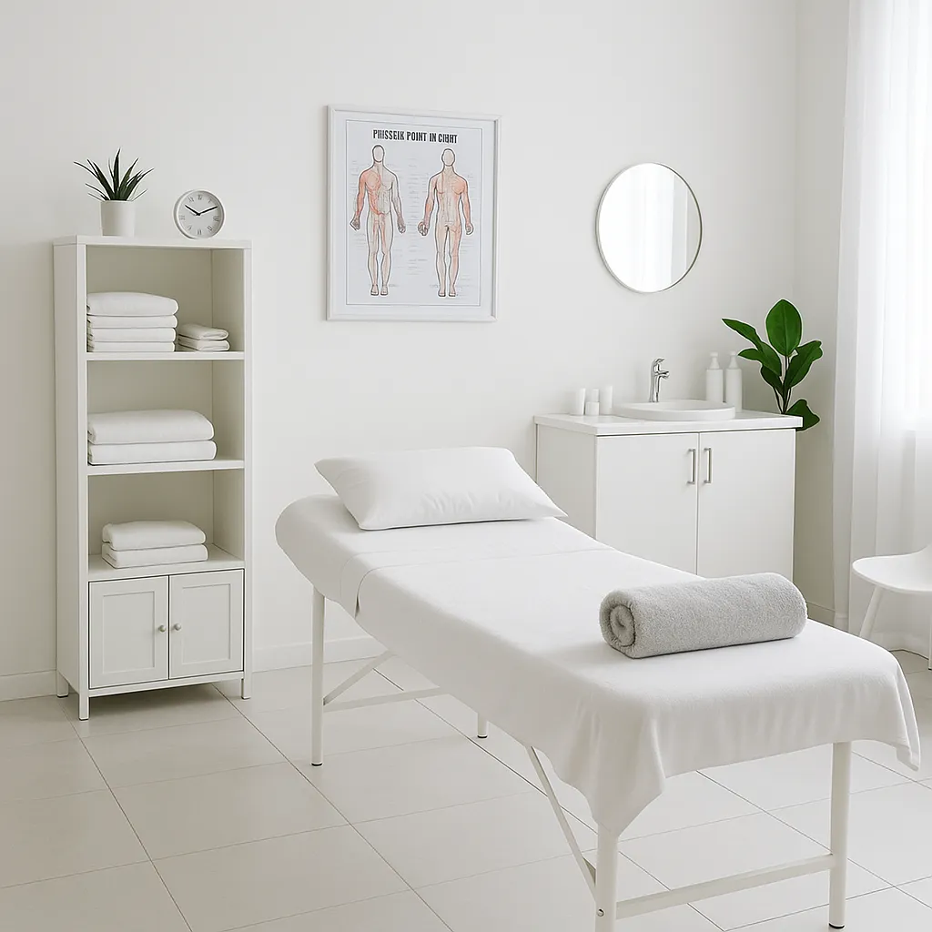 اتاق ماساژ درمانی با تم سفید و دکور آرامش‌بخش