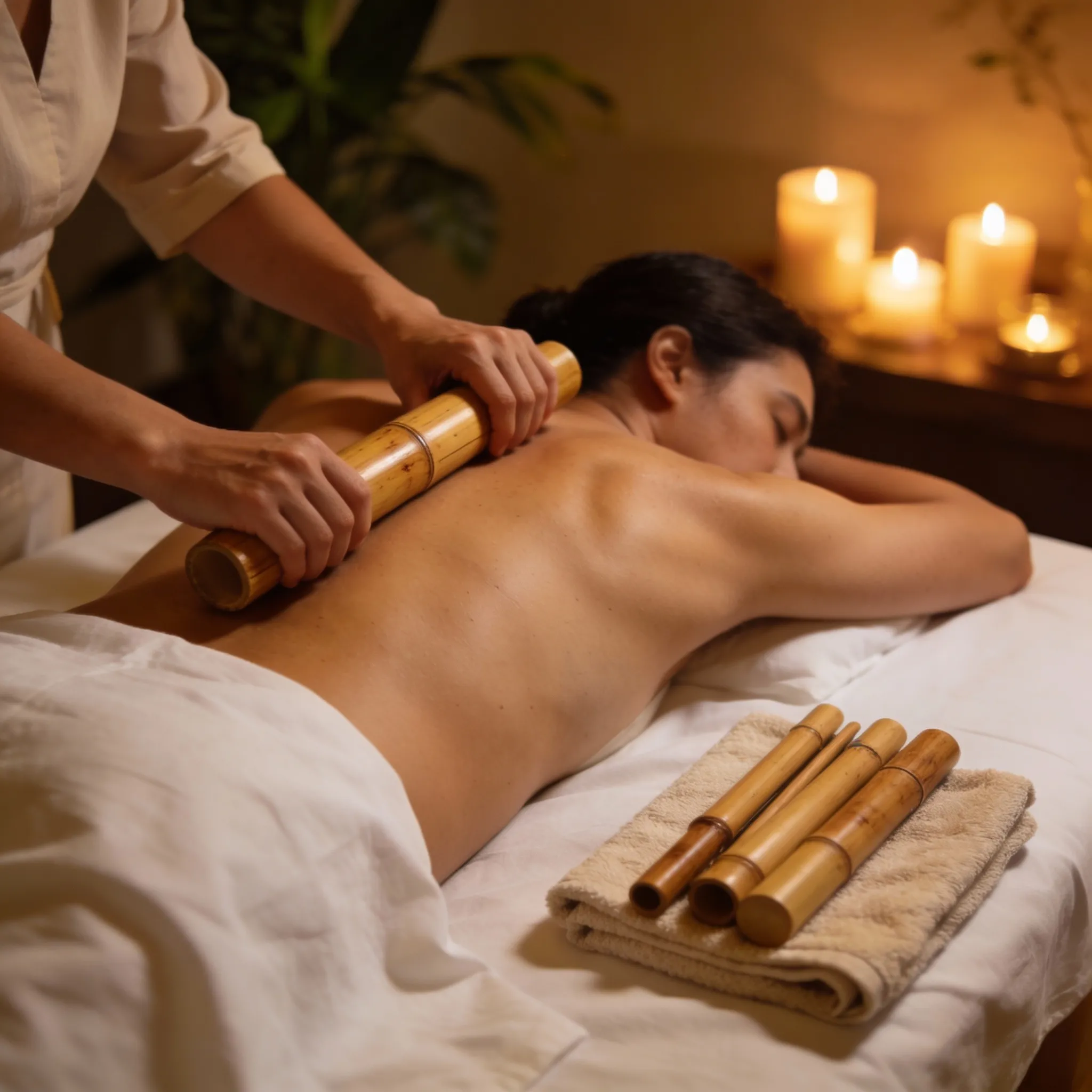 ماساژ با بامبو روی عضلات پشت برای ریلکس شدن و کاهش درد