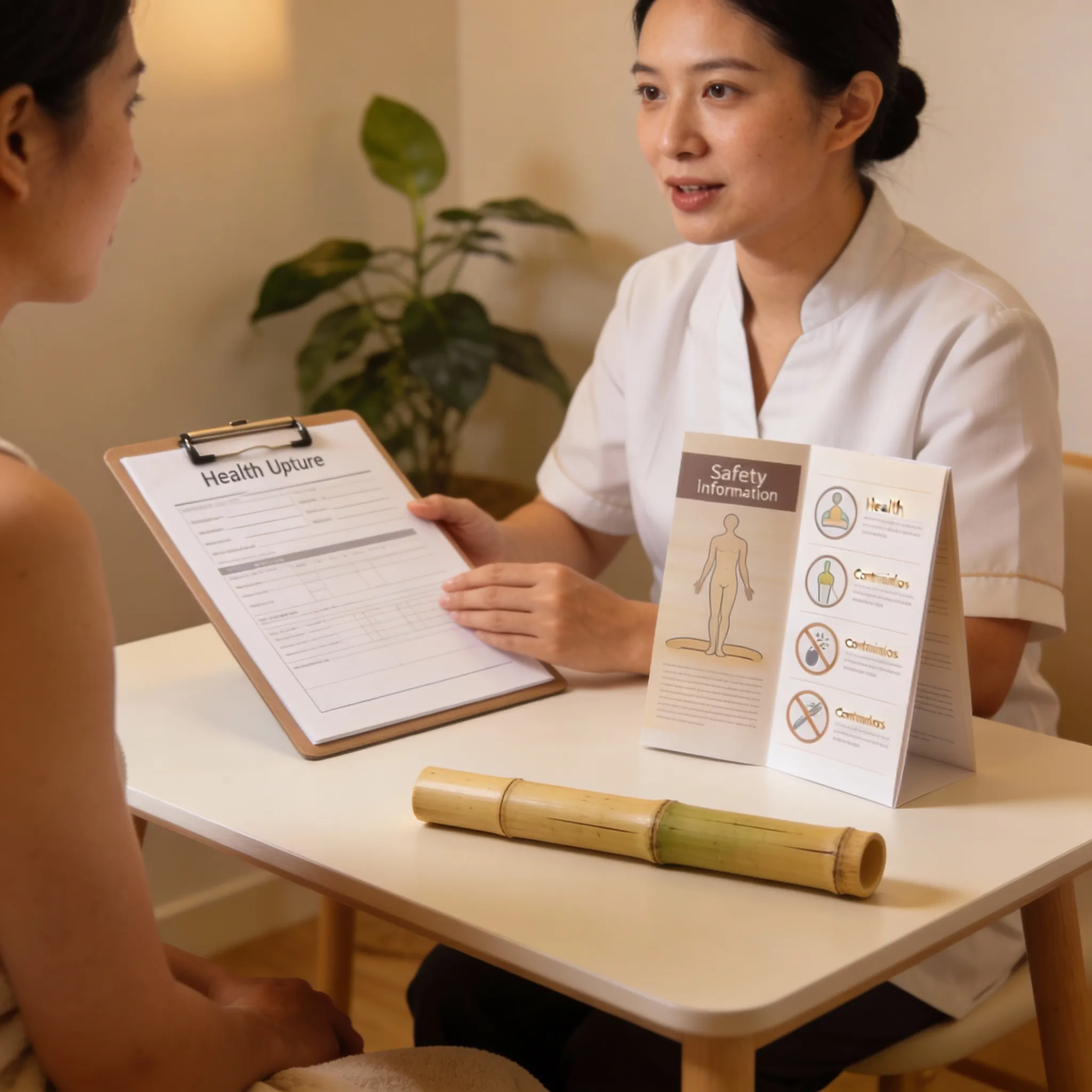 مشاوره قبل از ماساژ با بامبو بین تراپیست و مراجعه‌ کننده