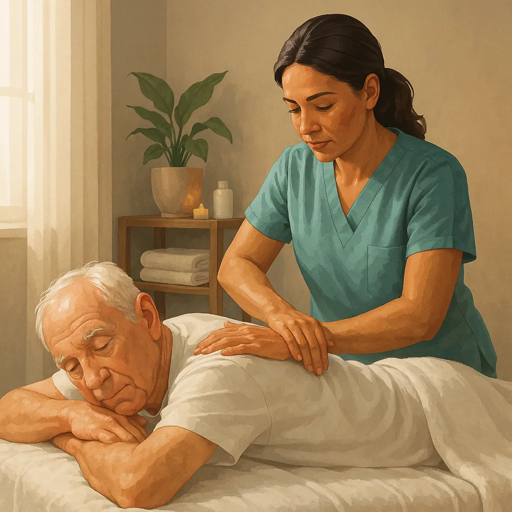 ماساژ پشت سالمند روی تخت ماساژ توسط درمانگر در محیطی آرام