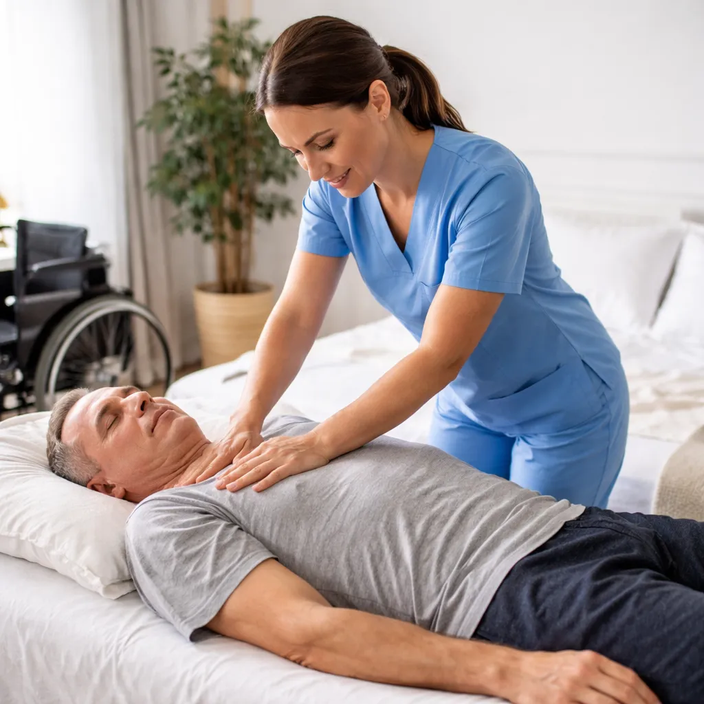 ماساژ افراد ناتوان حرکتی روی تخت برای کاهش درد و افزایش آرامش جسمی