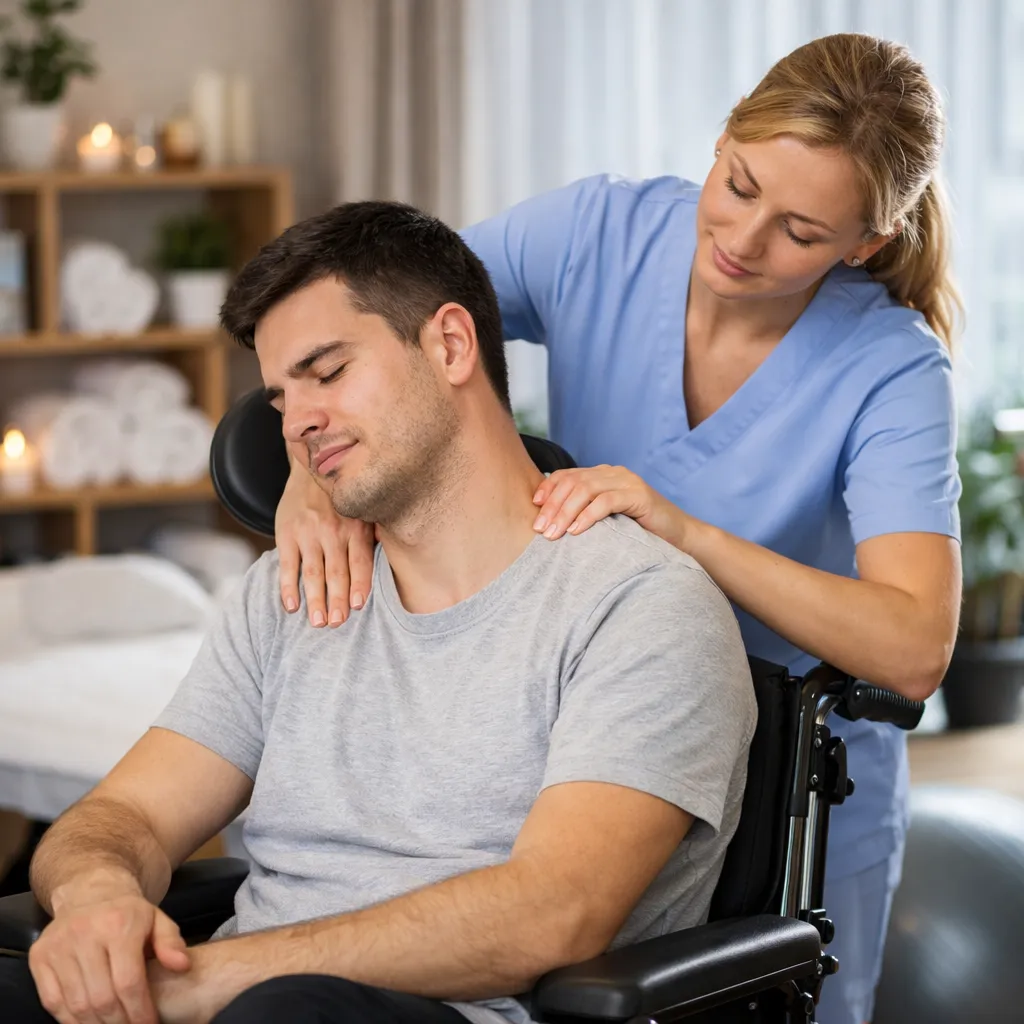 ماساژ افراد ناتوان حرکتی توسط ماساژور حرفه‌ای برای کاهش درد و افزایش آرامش جسمی