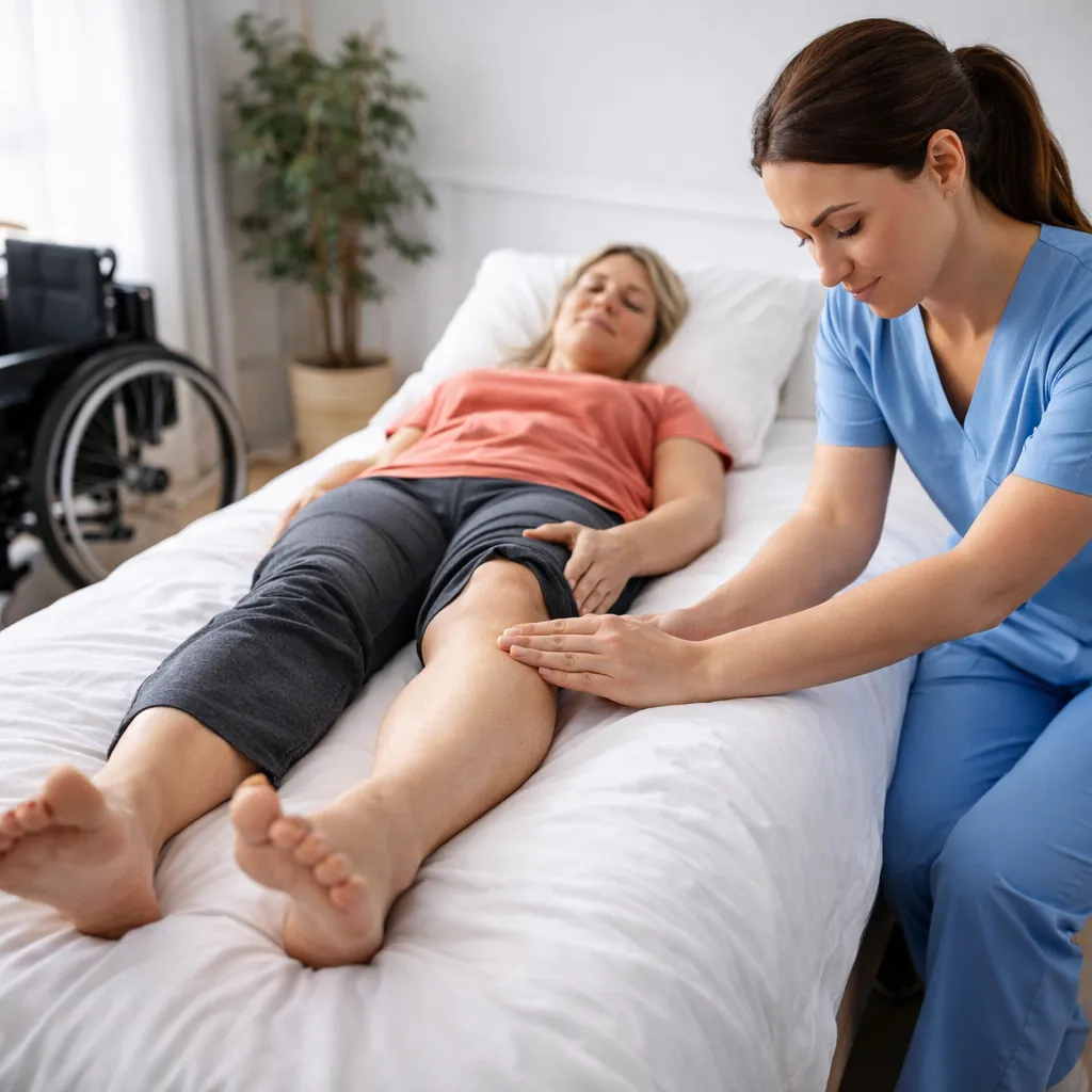 ماساژ پاهای زن ناتوان حرکتی روی تخت برای کاهش درد و بهبود گردش خون
